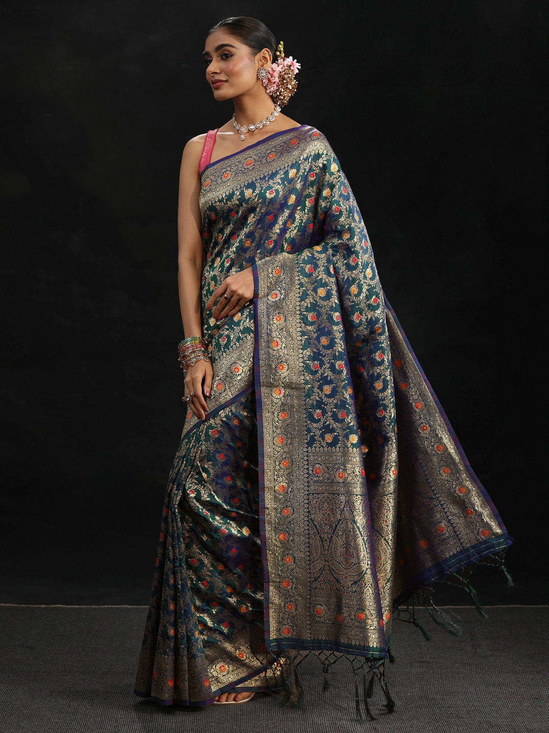  Libas Navy Blue Meenakari Banarasi Silk Blend Saree 