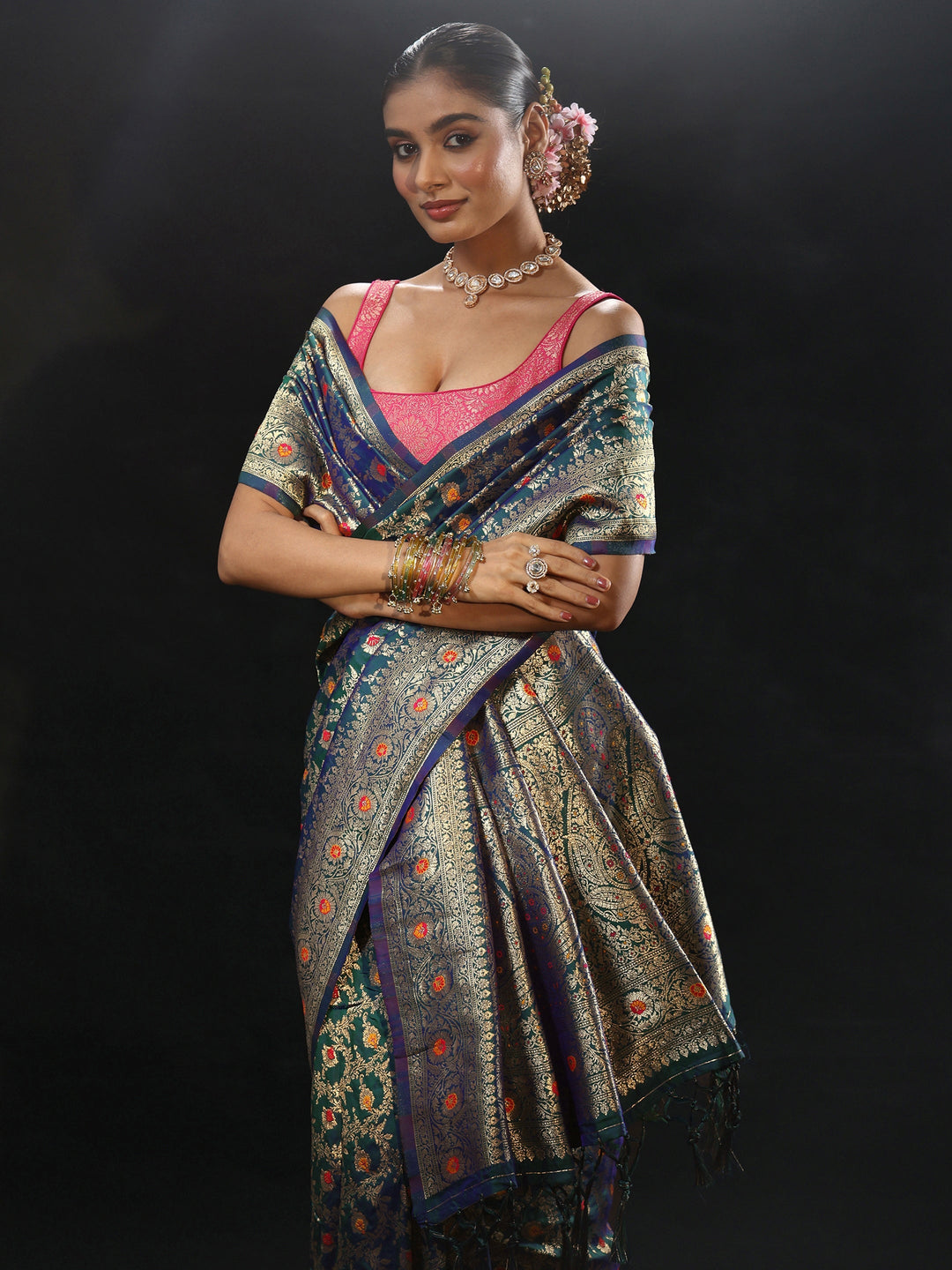  Libas Navy Blue Meenakari Banarasi Silk Blend Saree 