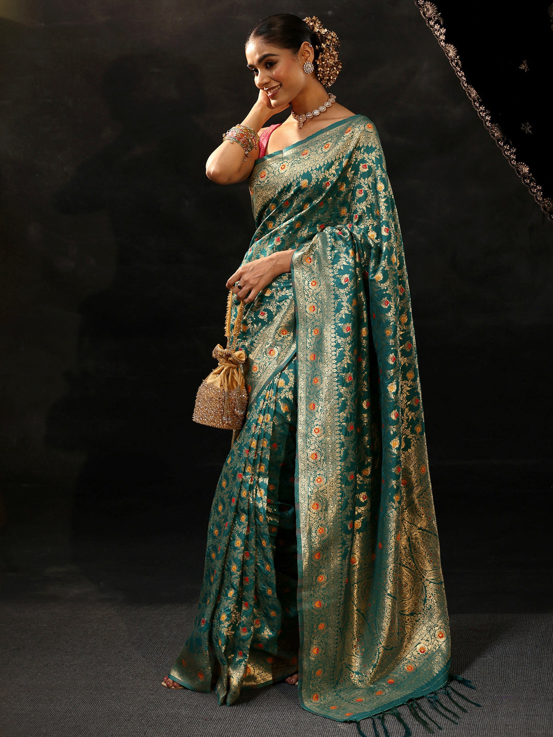 Libas Teal Green Meenakari Banarasi Silk Blend Saree 