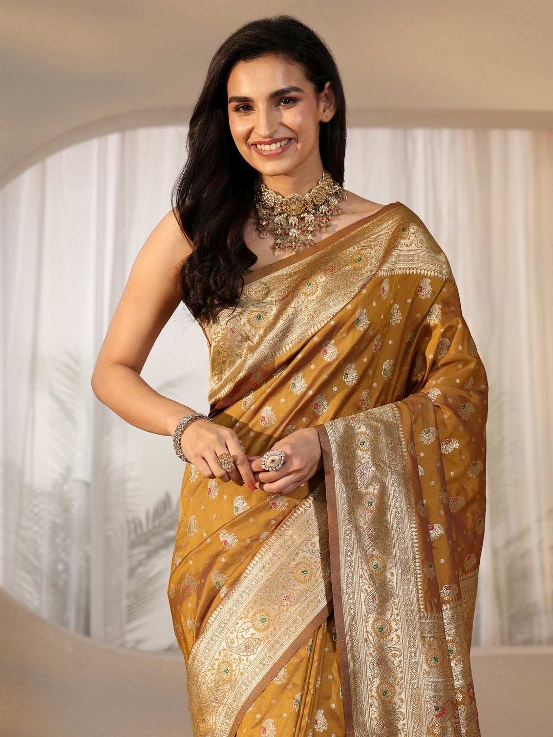  Libas Mustard Banarasi Silk Blend Saree 