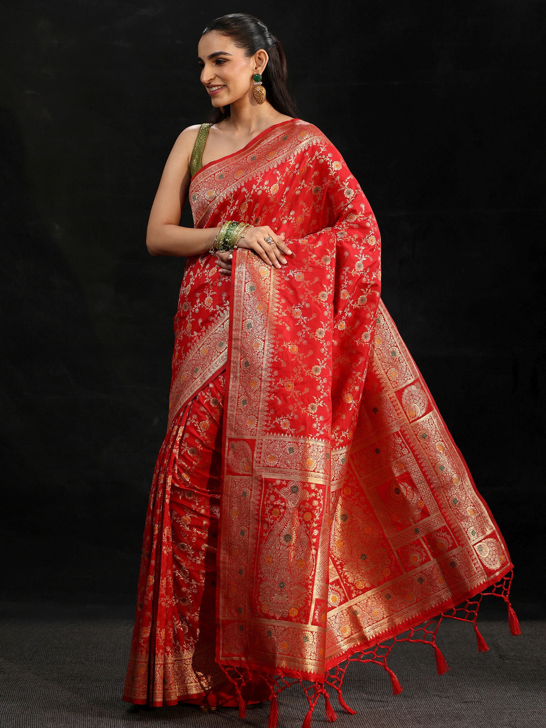  Libas Vermilion Red Meenakari Banarasi Silk Blend Saree 