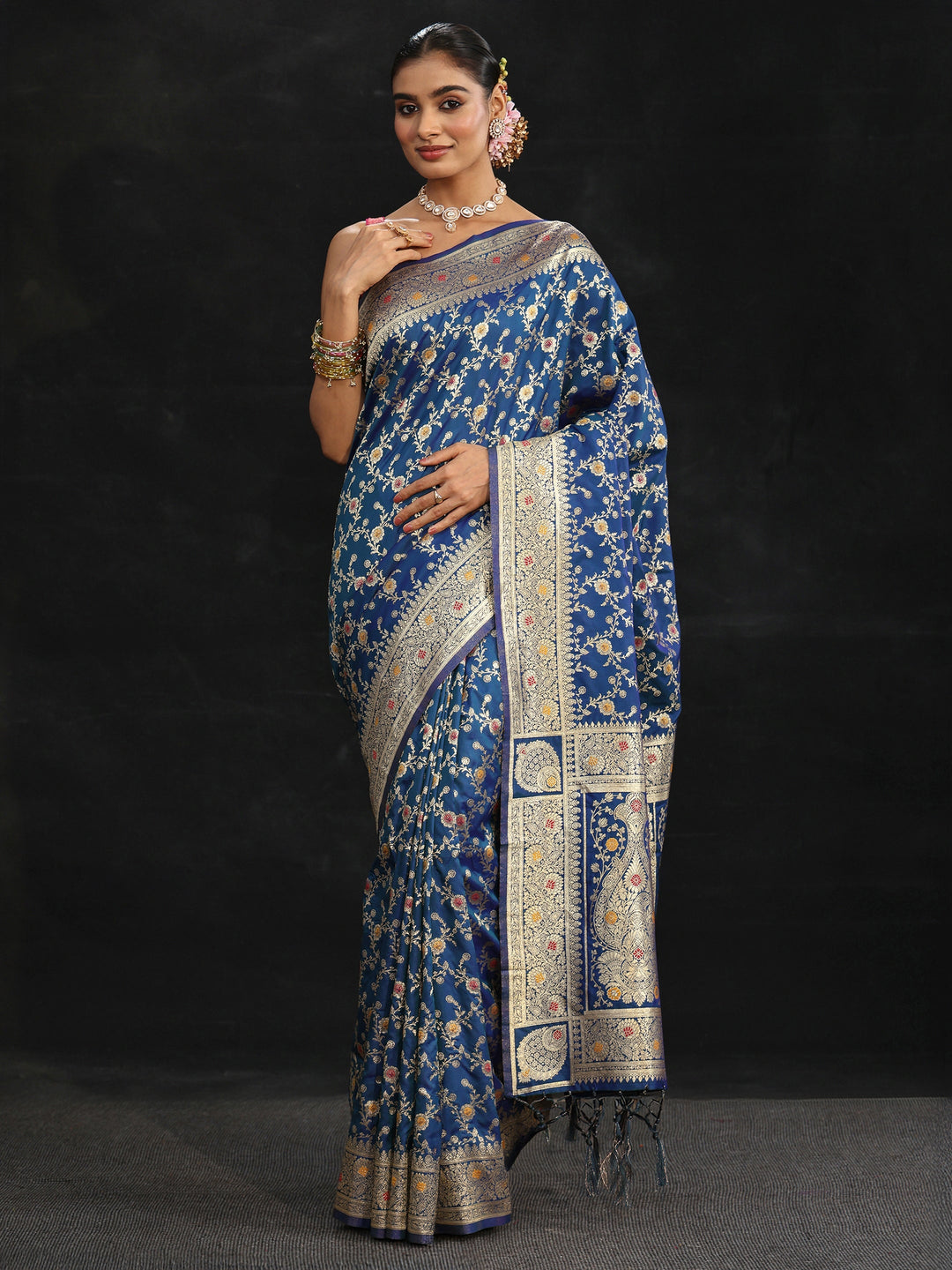  Libas Royal Blue Meenakari Banarasi Silk Blend Saree 