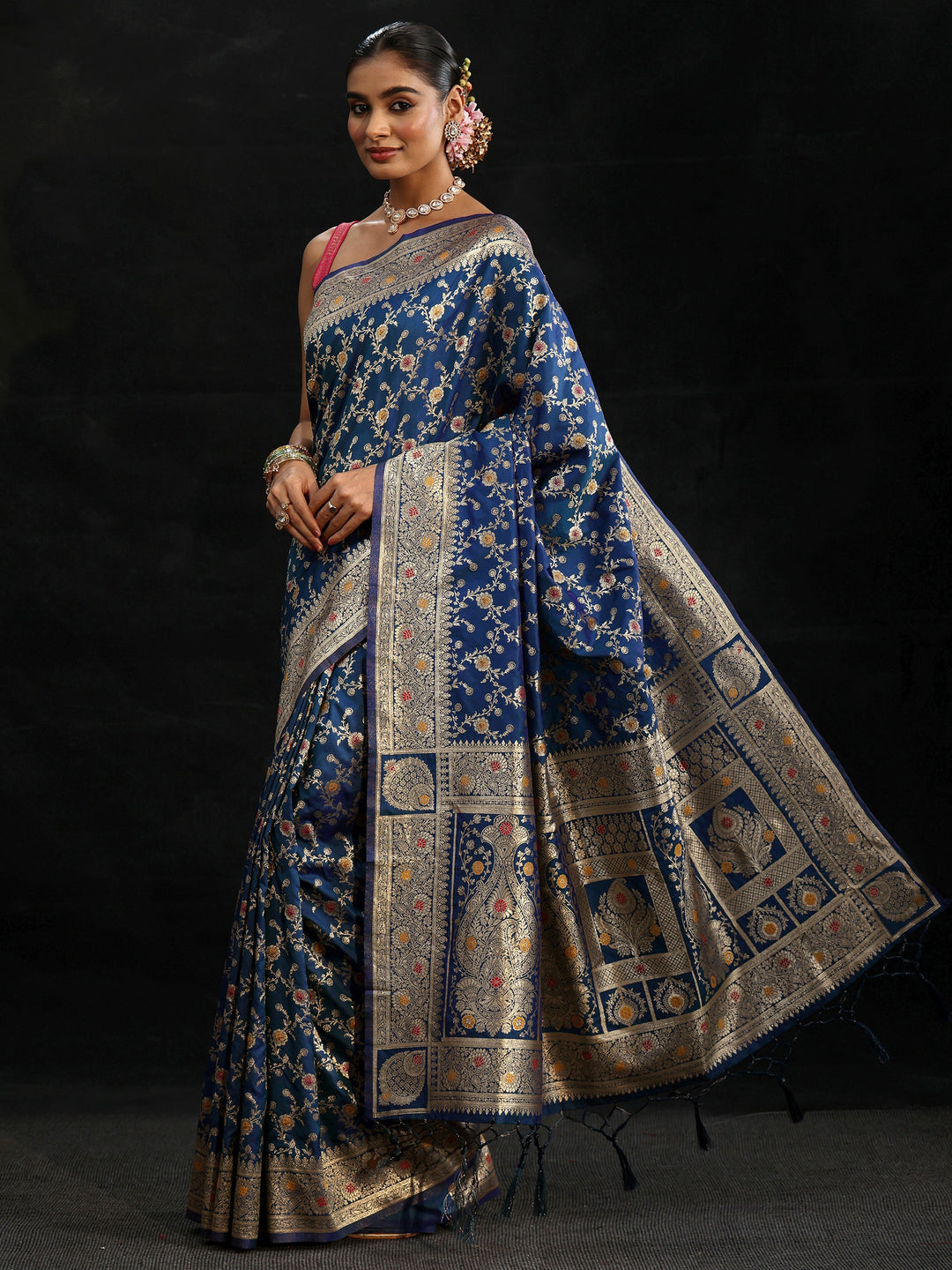  Libas Royal Blue Meenakari Banarasi Silk Blend Saree 