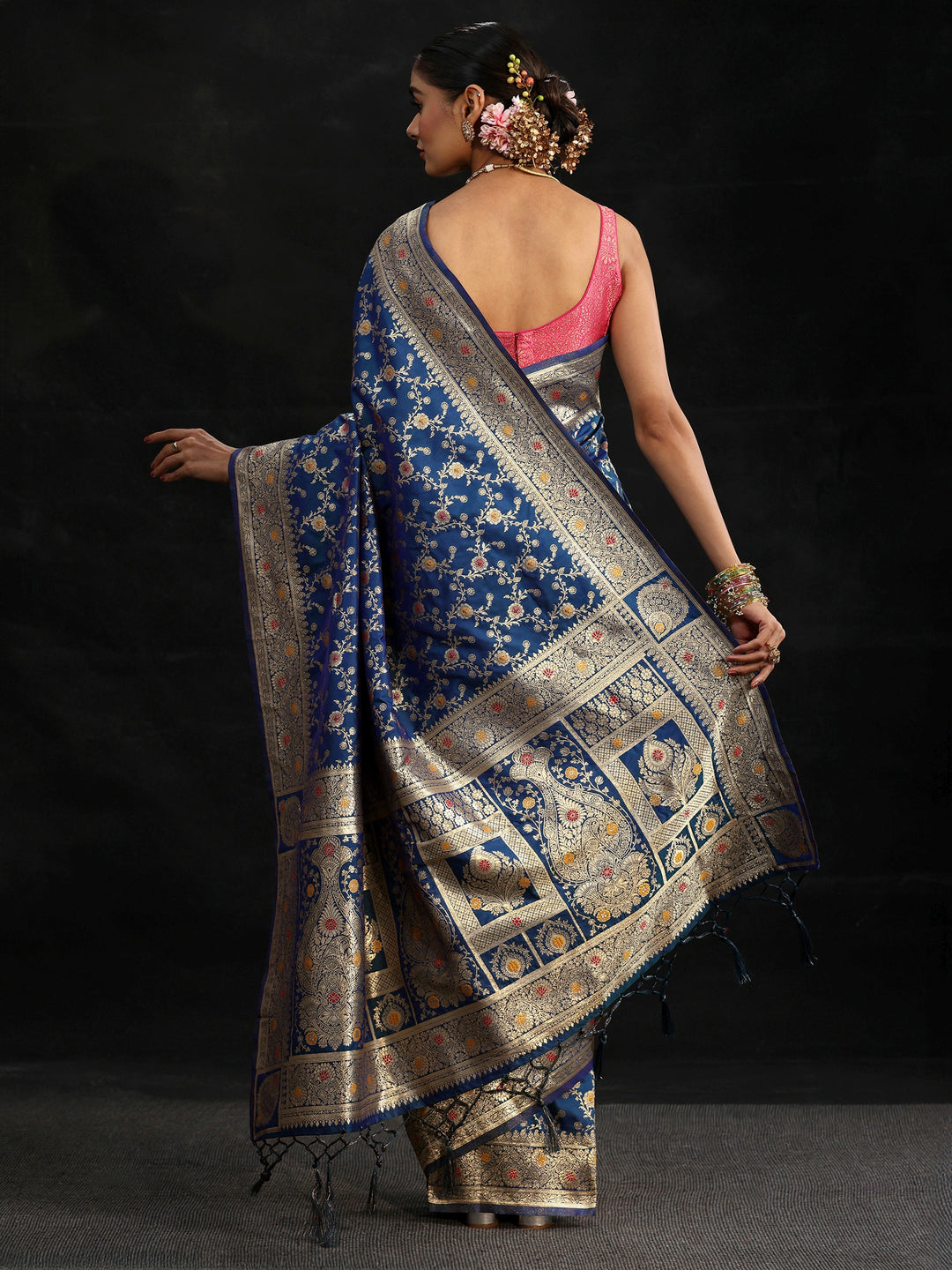  Libas Royal Blue Meenakari Banarasi Silk Blend Saree 