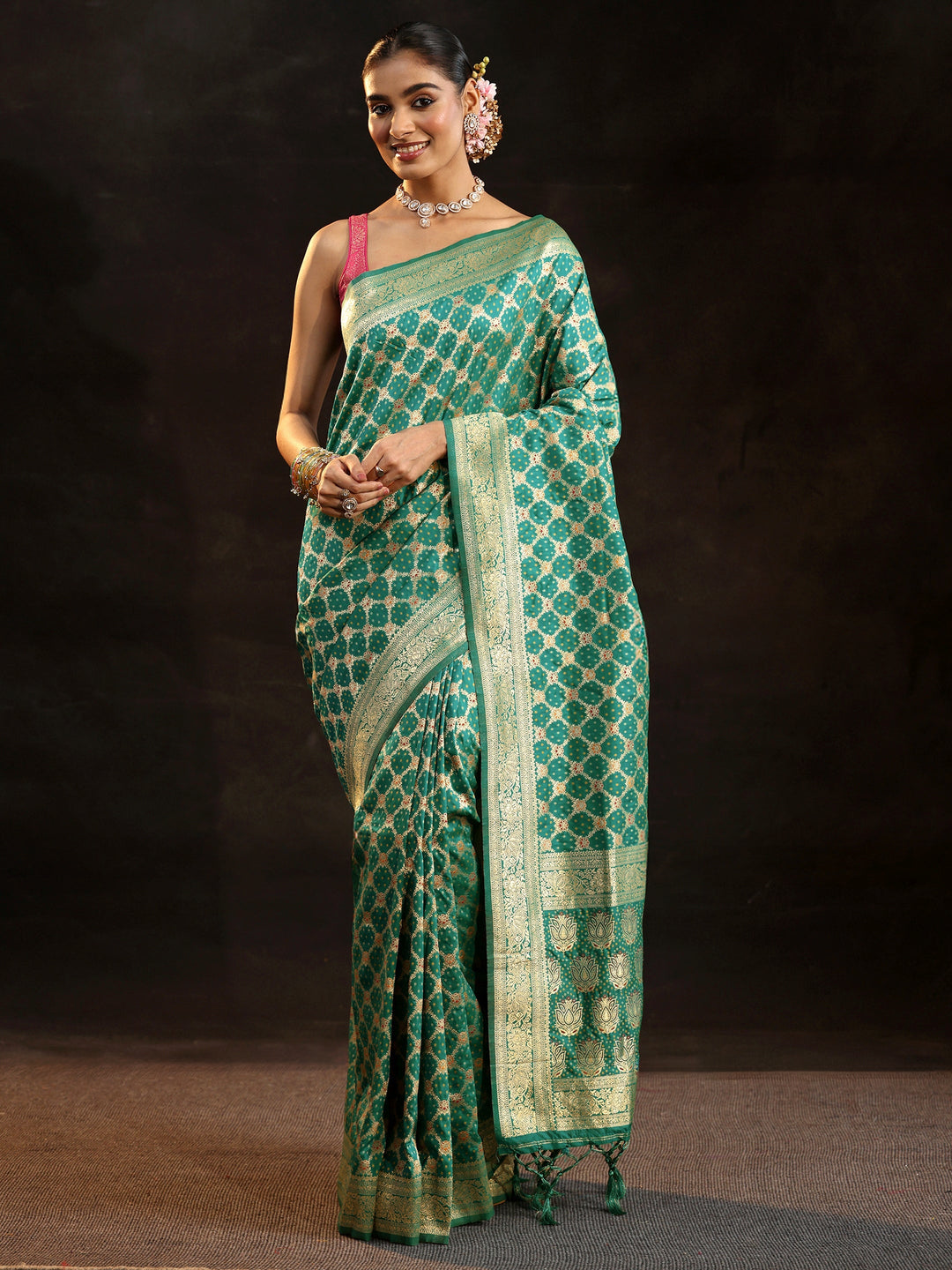  Libas Teal Green Banarasi Silk Blend Saree 
