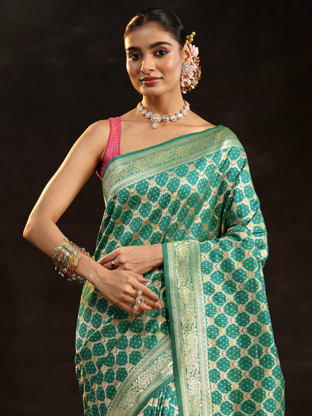  Libas Teal Green Banarasi Silk Blend Saree 