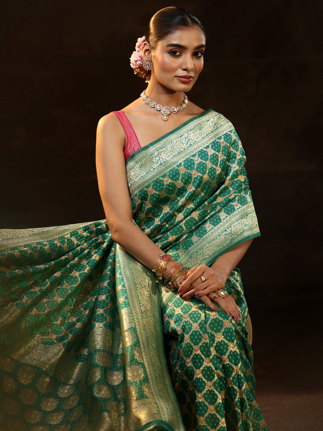  Libas Teal Green Banarasi Silk Blend Saree 