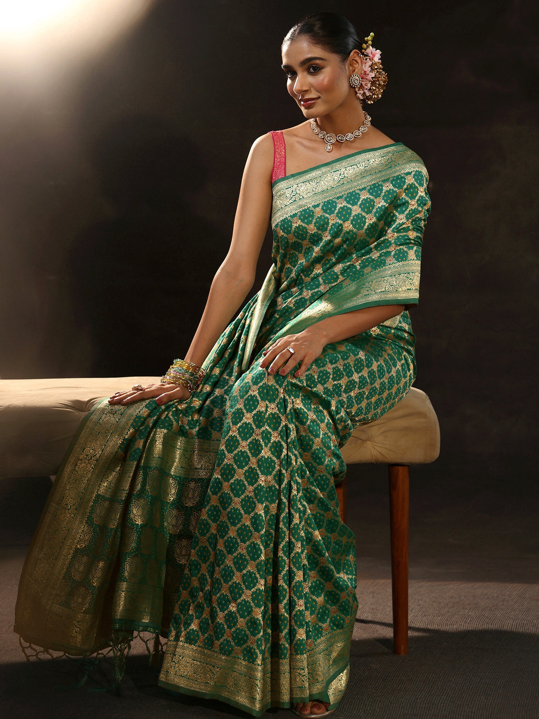  Libas Teal Green Banarasi Silk Blend Saree 