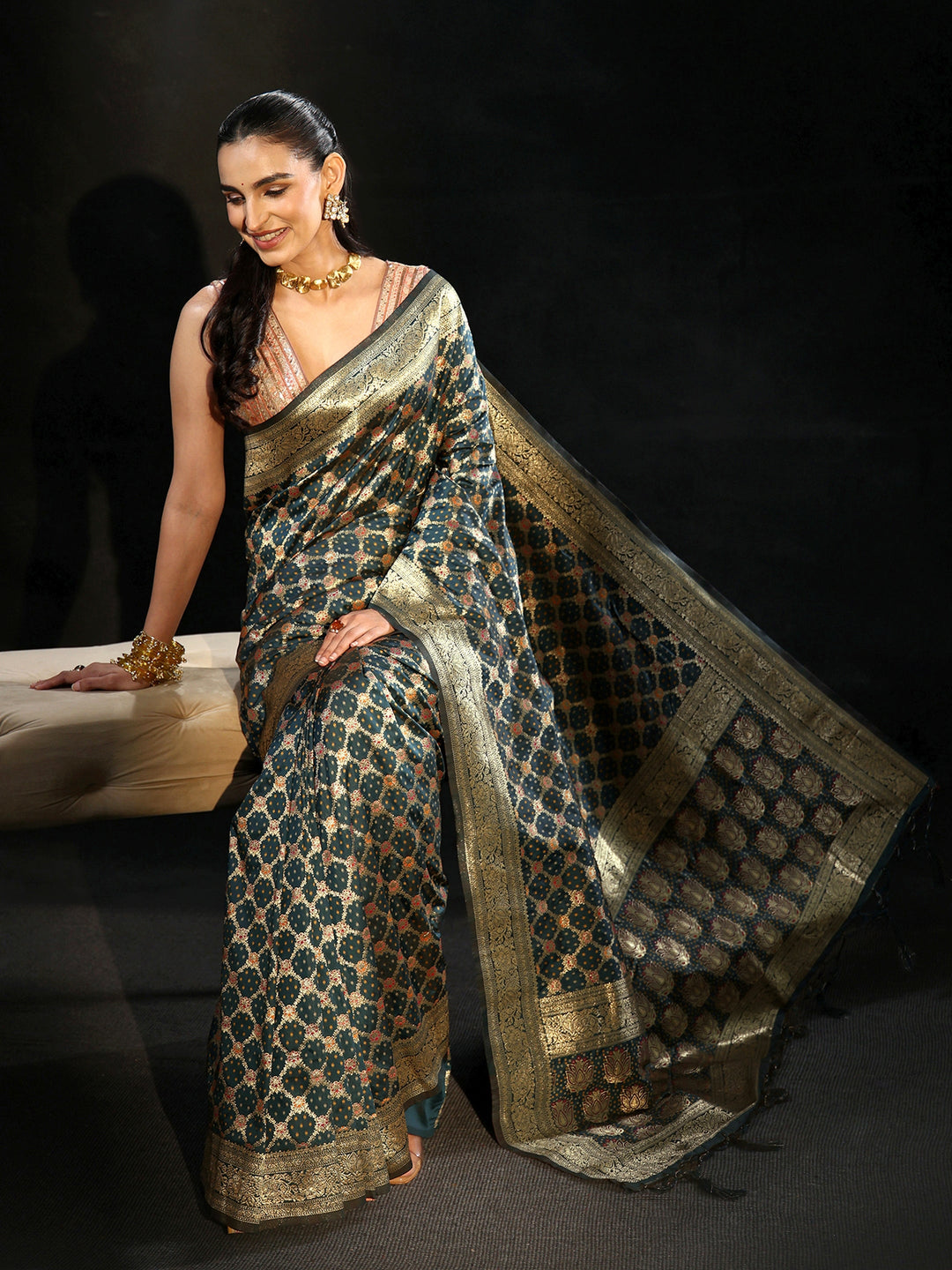  Libas Navy Blue Banarasi Silk Blend Saree 