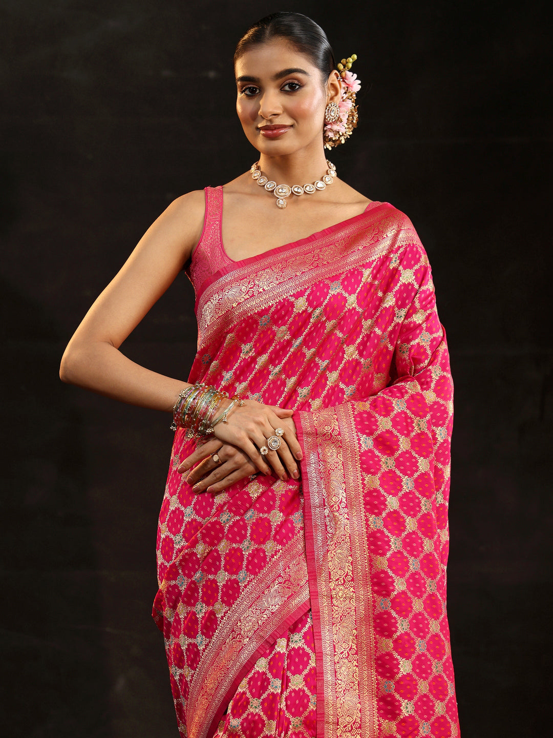  Libas Rani Pink Banarasi Silk Blend Saree 