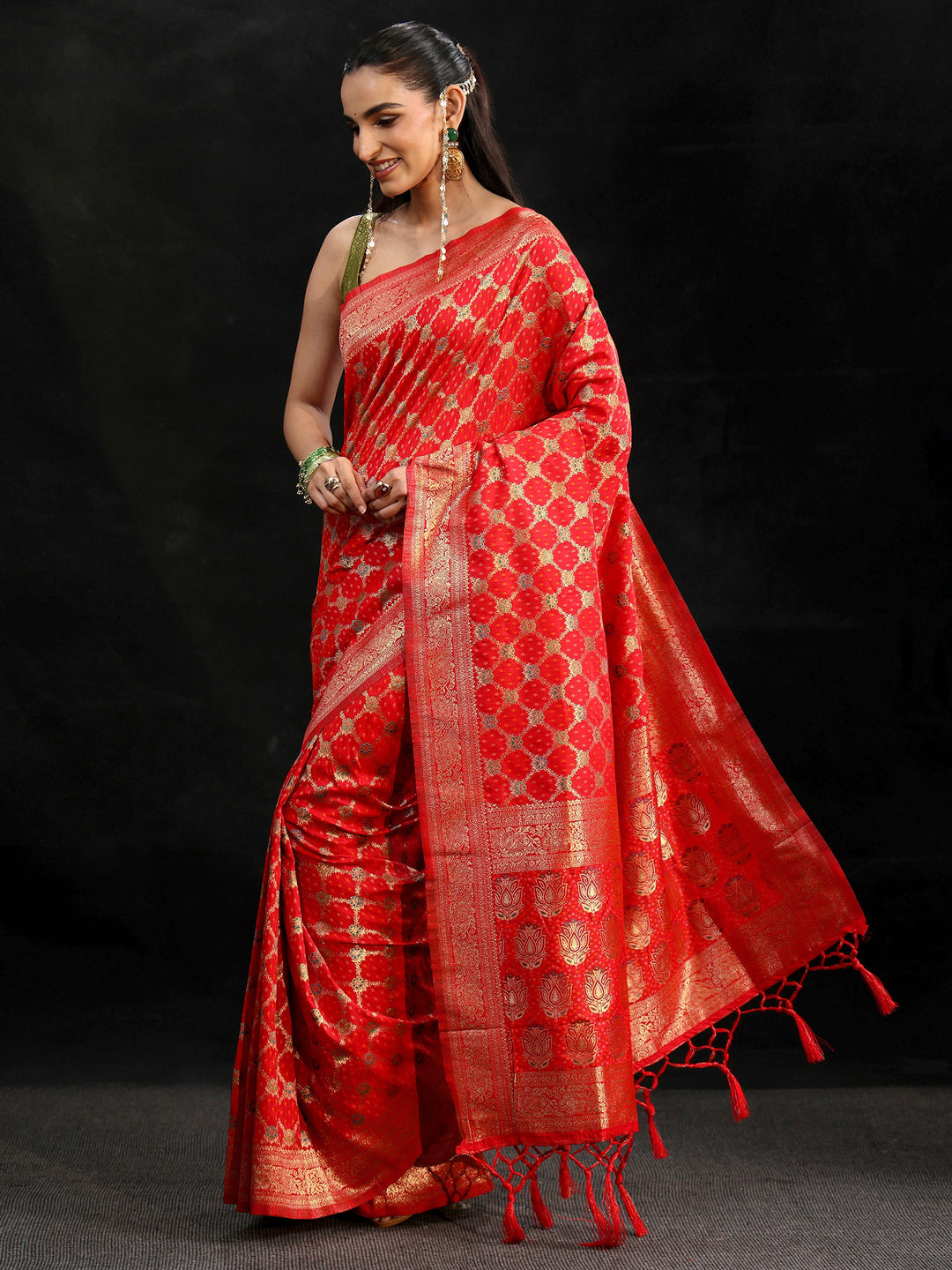  Libas Vermilion Red Banarasi Silk Blend Saree 