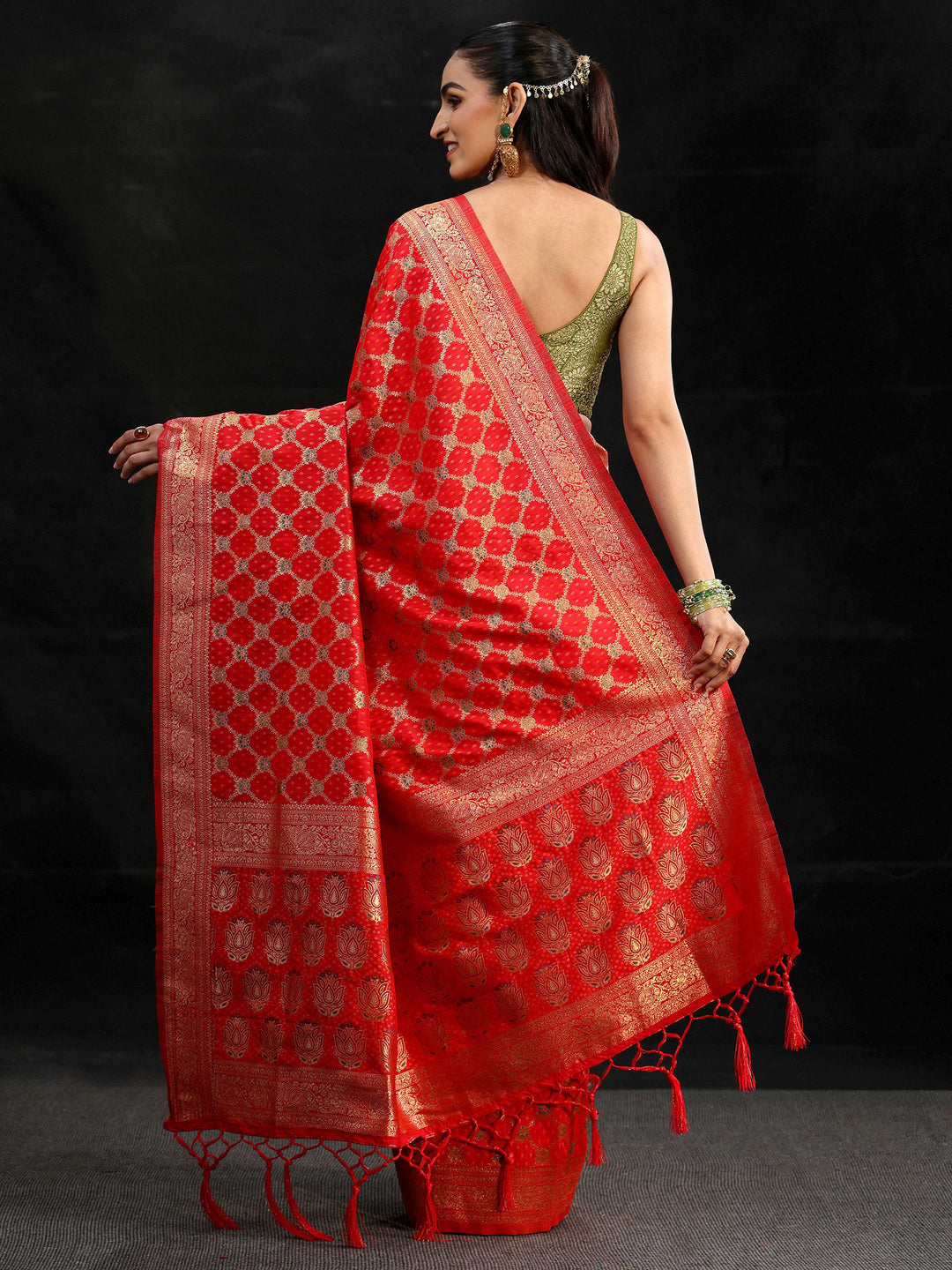  Libas Vermilion Red Banarasi Silk Blend Saree 