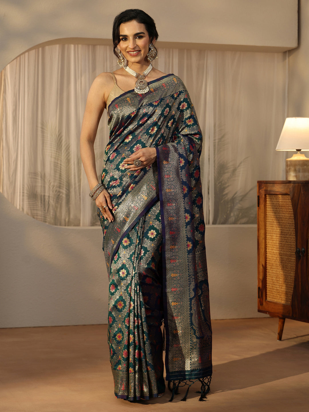  Libas Peacock Blue Banarasi Silk Blend Saree 