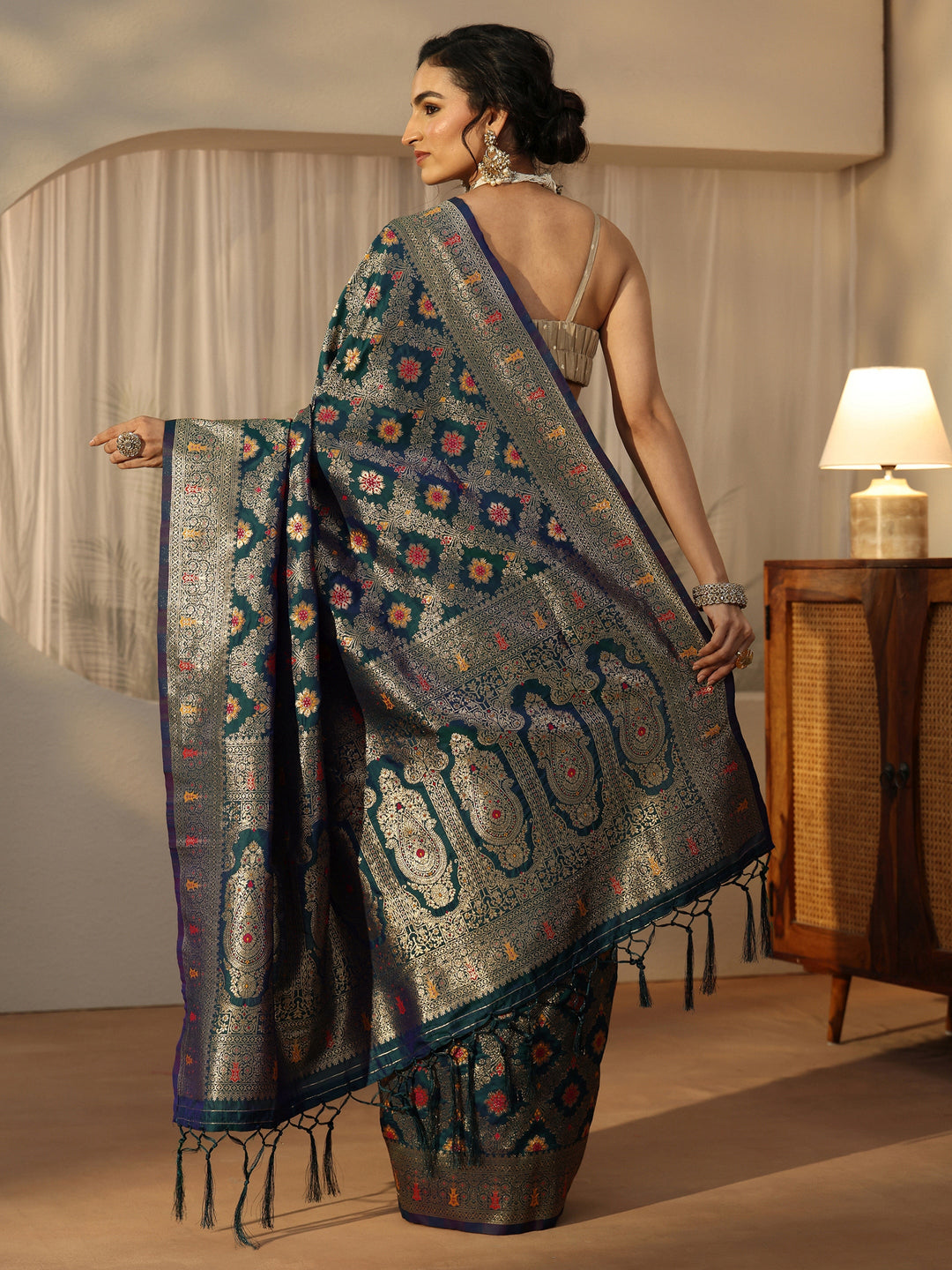  Libas Peacock Blue Banarasi Silk Blend Saree 