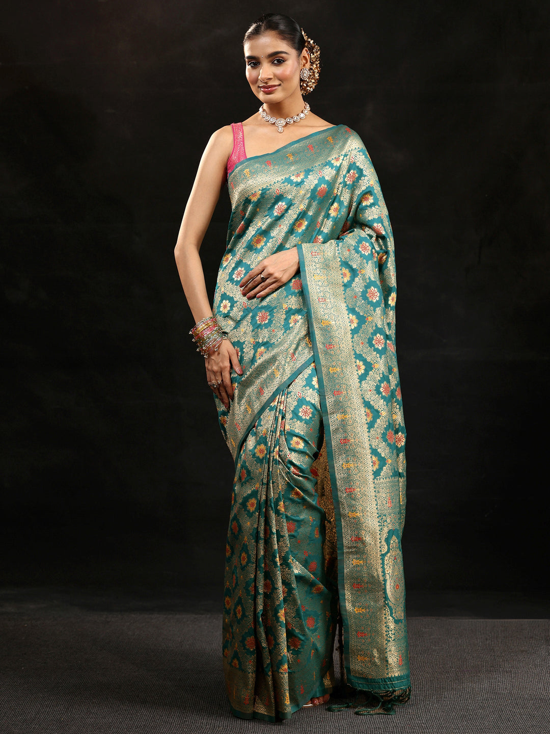  Libas Teal Green Meenakari Banarasi Silk Blend Saree 
