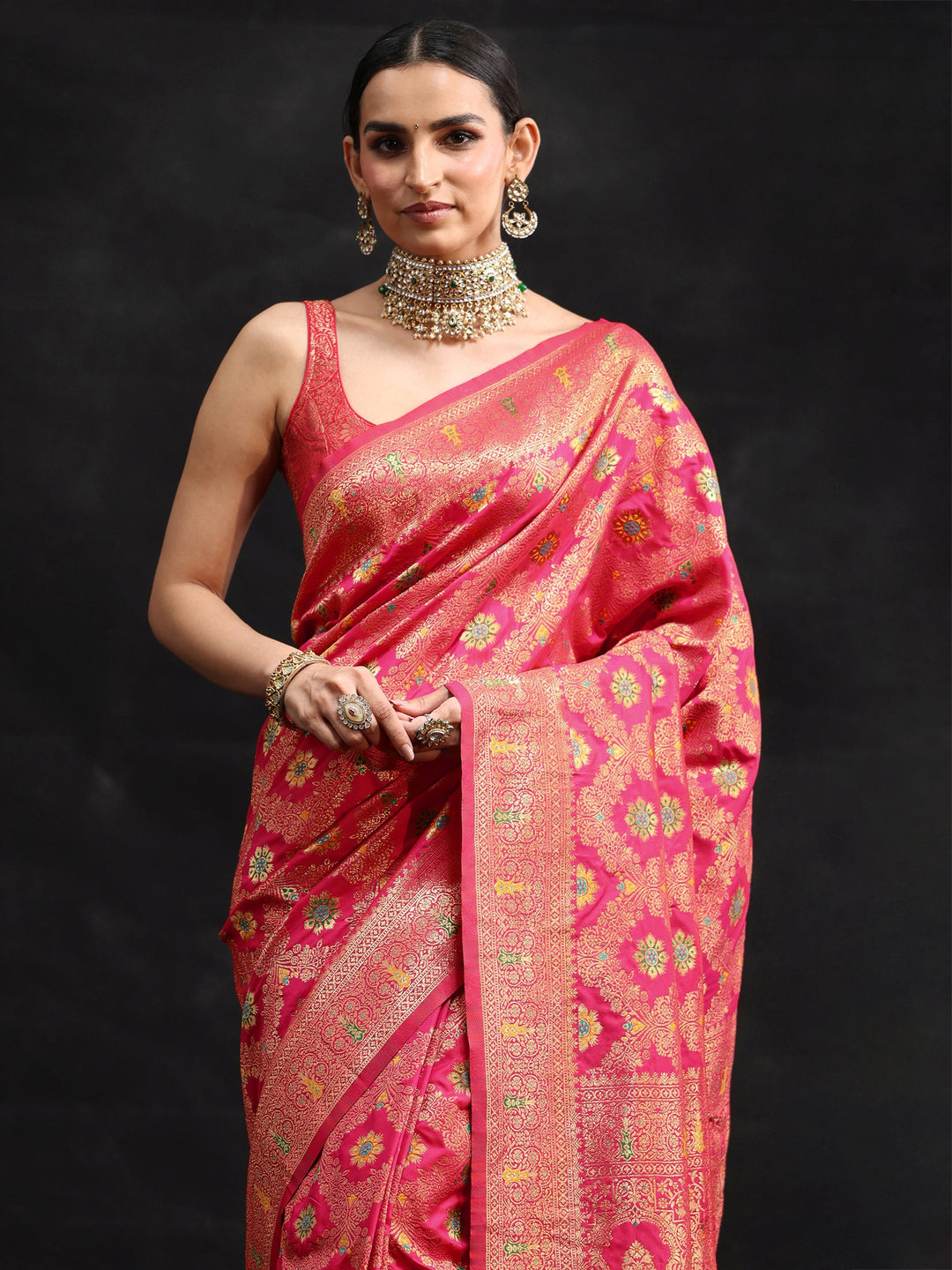  Libas Rani Pink Meenakari Banarasi Silk Blend Saree 