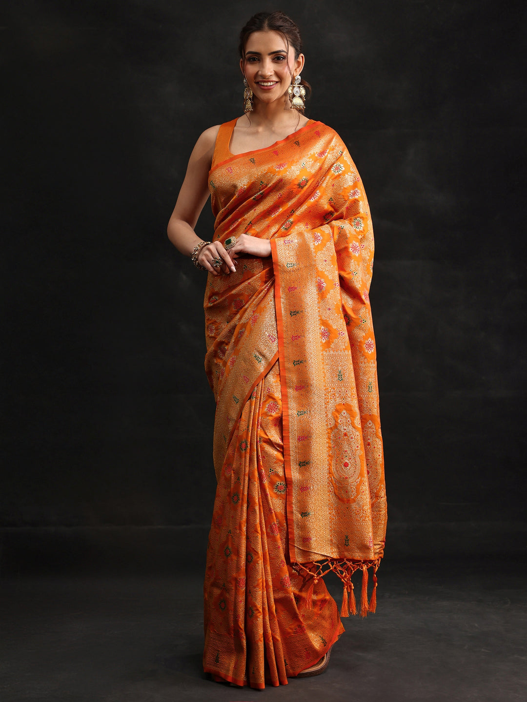  Libas Orange Meenakari Banarasi Silk Blend Saree 