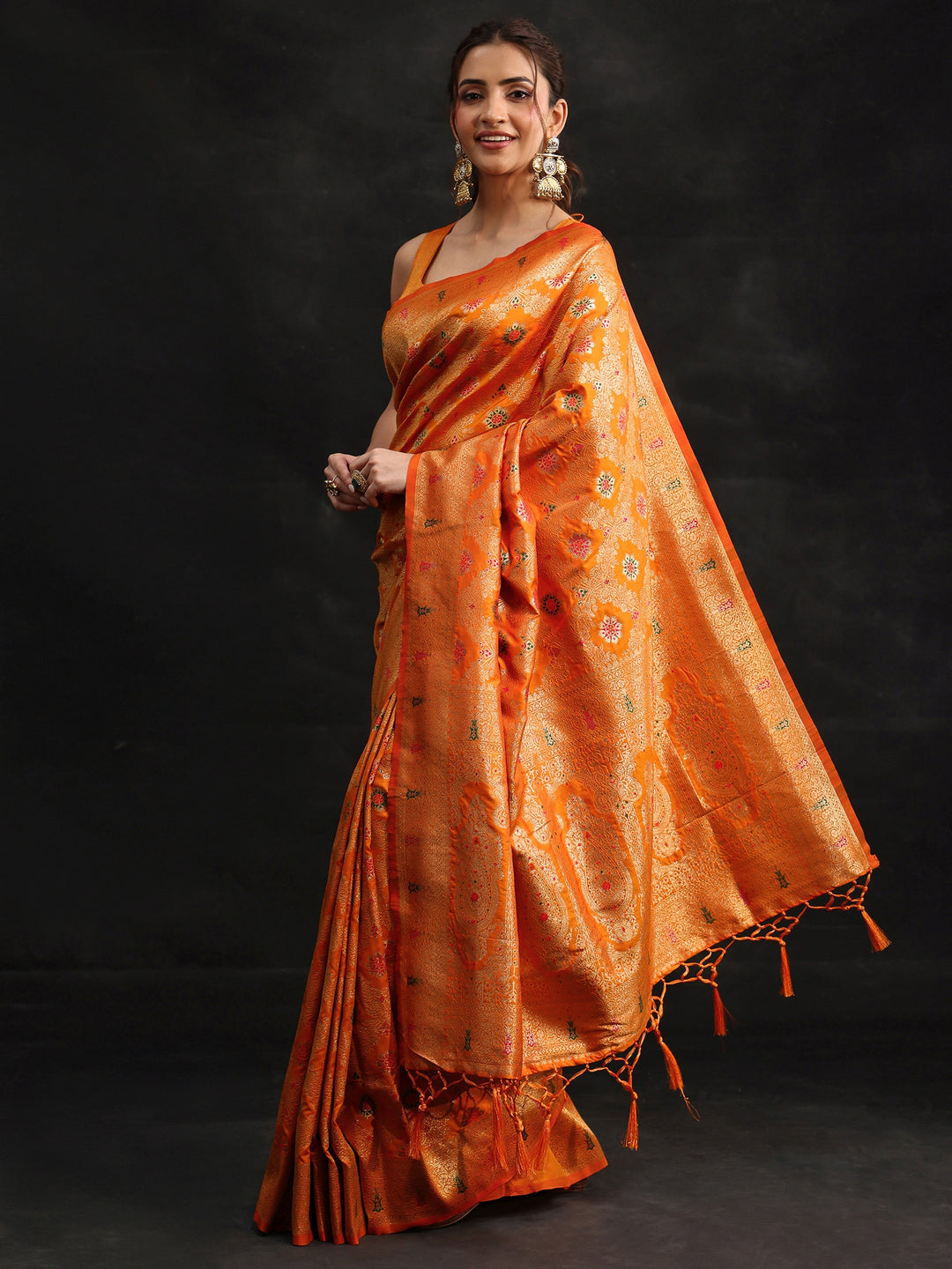  Libas Orange Meenakari Banarasi Silk Blend Saree 