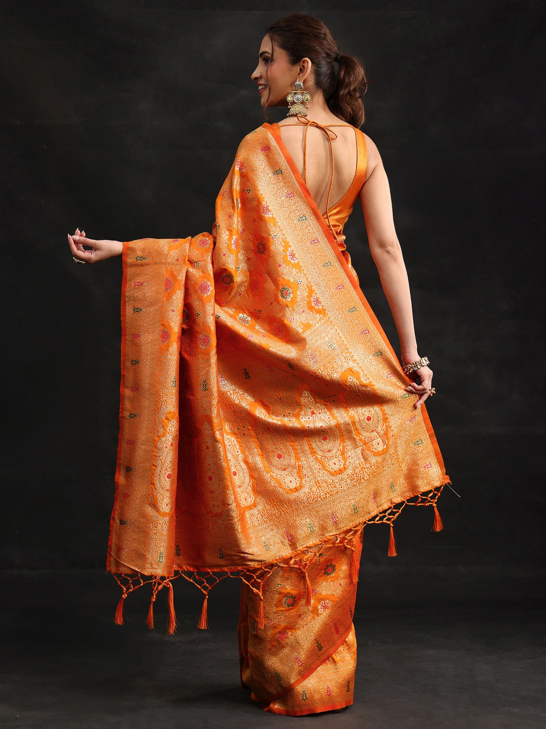  Libas Orange Meenakari Banarasi Silk Blend Saree 