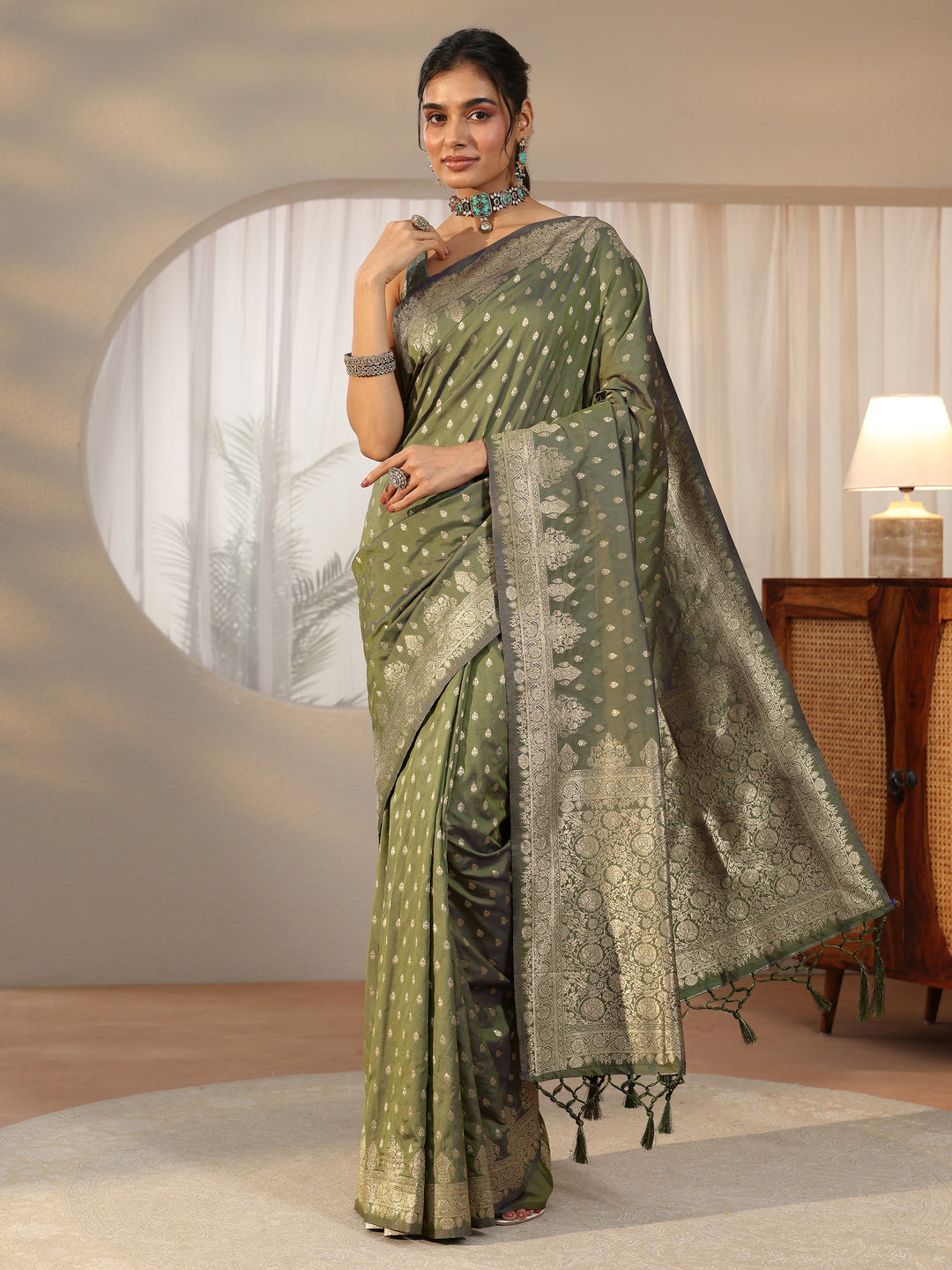  Libas Dusty Olive Green Banarasi Silk Blend Saree 