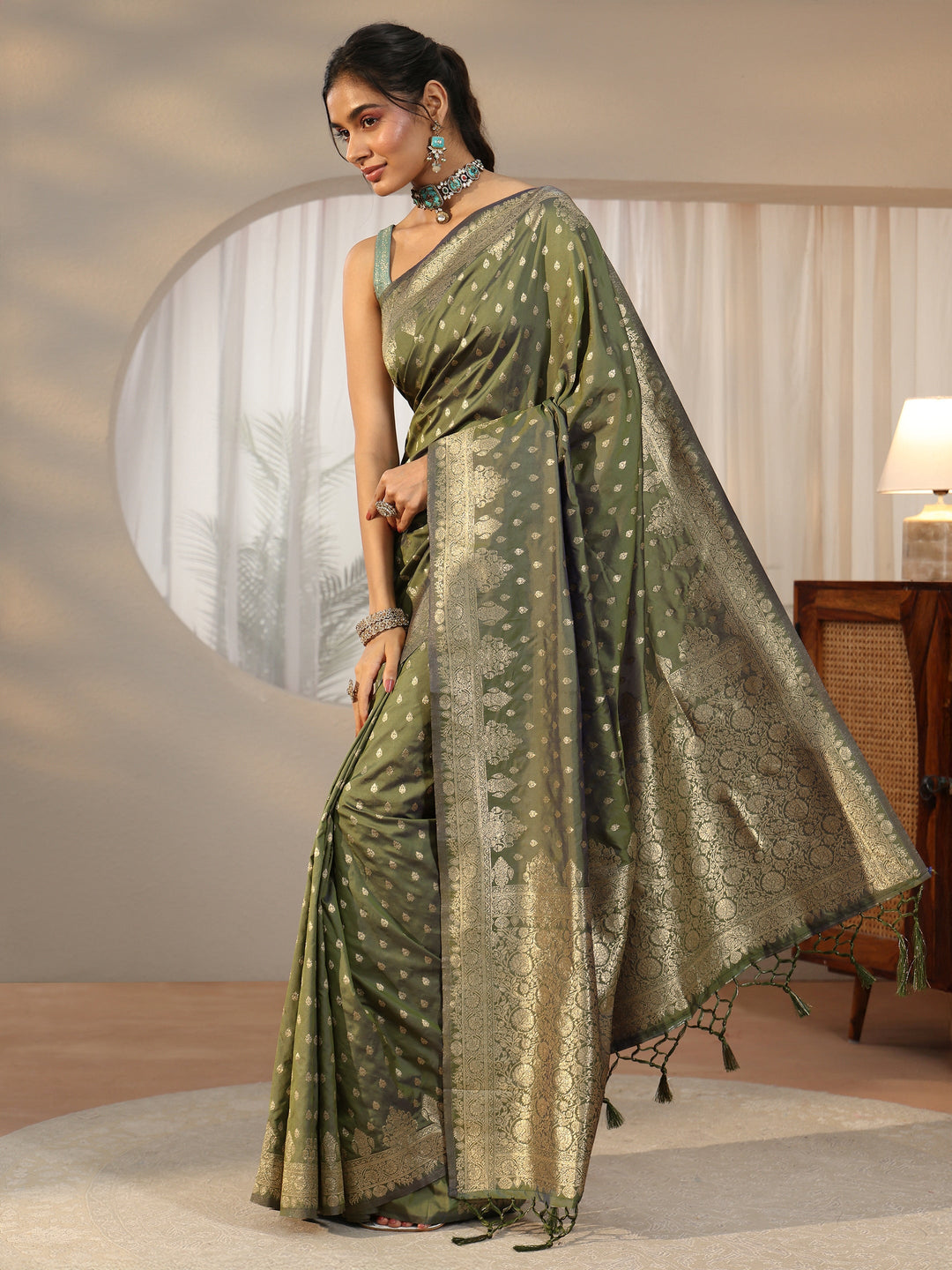  Libas Dusty Olive Green Banarasi Silk Blend Saree 