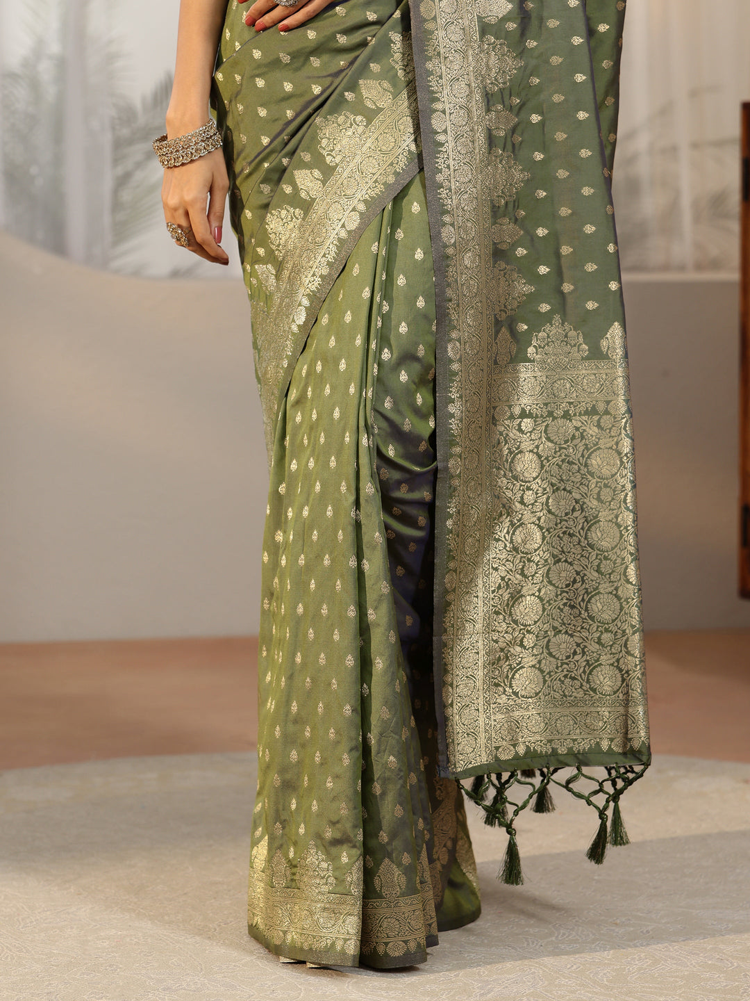  Libas Dusty Olive Green Banarasi Silk Blend Saree 