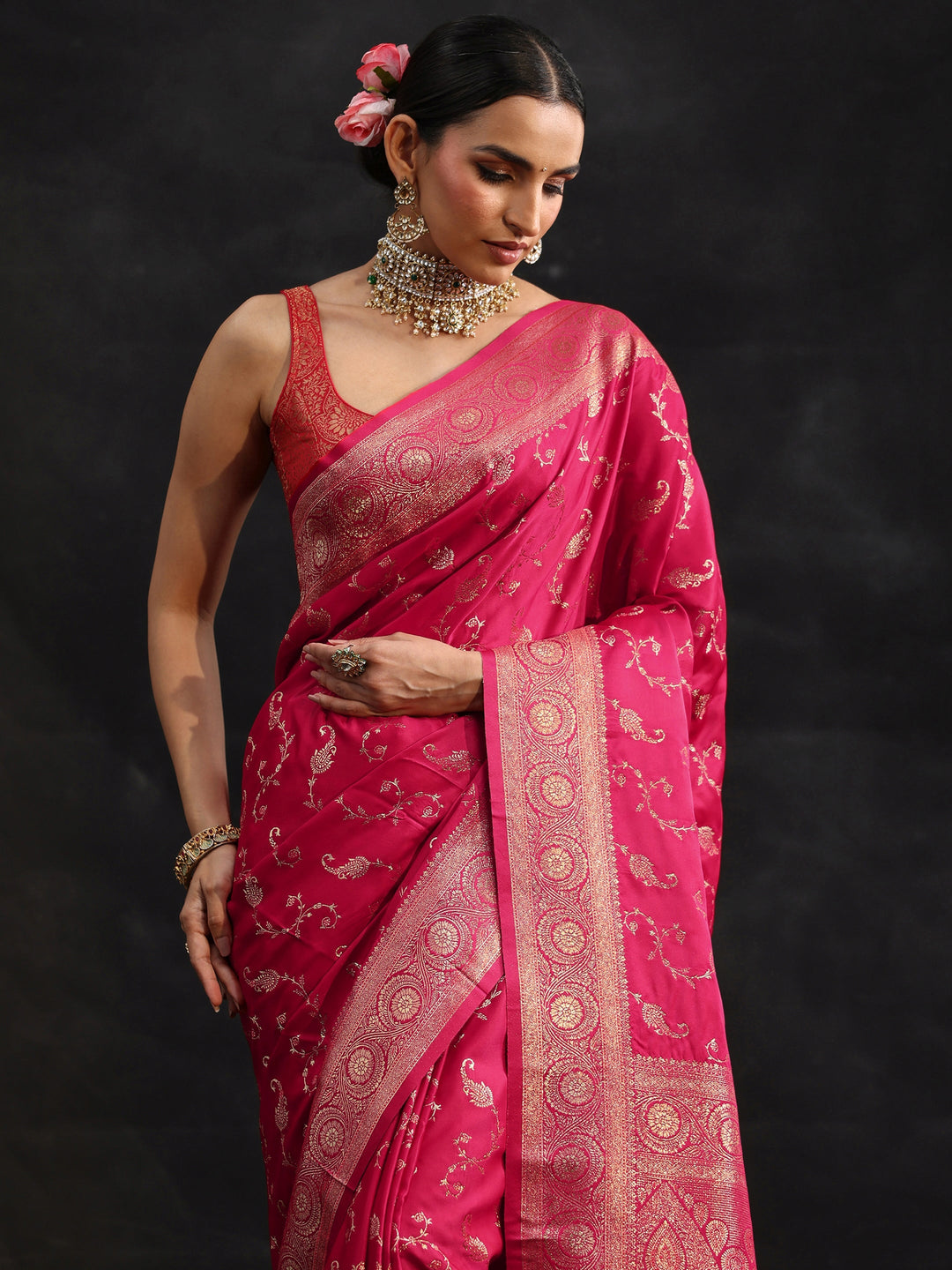  Libas Rani Pink Banarasi Silk Blend Saree 