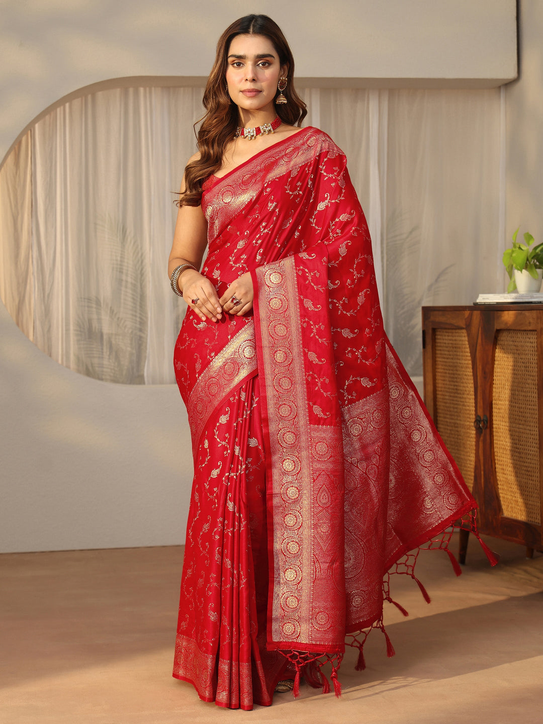  Libas Red Paisley Banarasi Silk Blend Saree 
