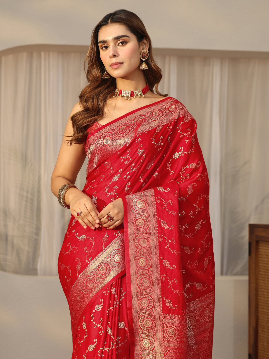  Libas Red Paisley Banarasi Silk Blend Saree 