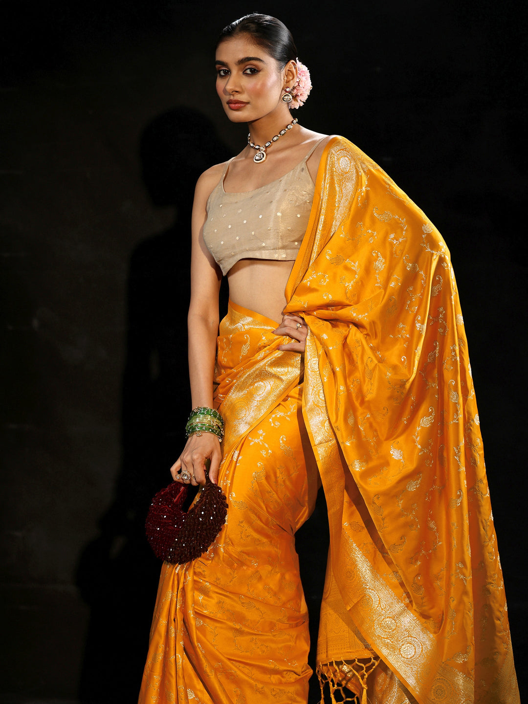  Libas Mustard Banarasi Silk Blend Saree 