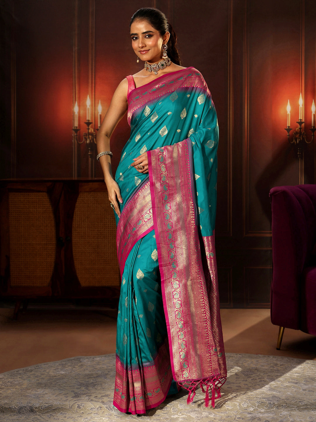  Libas Teal Green Banarasi Silk Blend Saree 