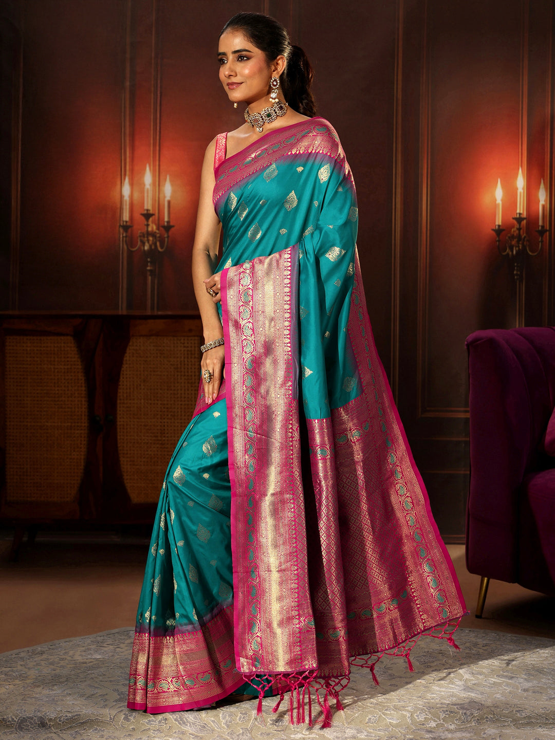  Libas Teal Green Banarasi Silk Blend Saree 