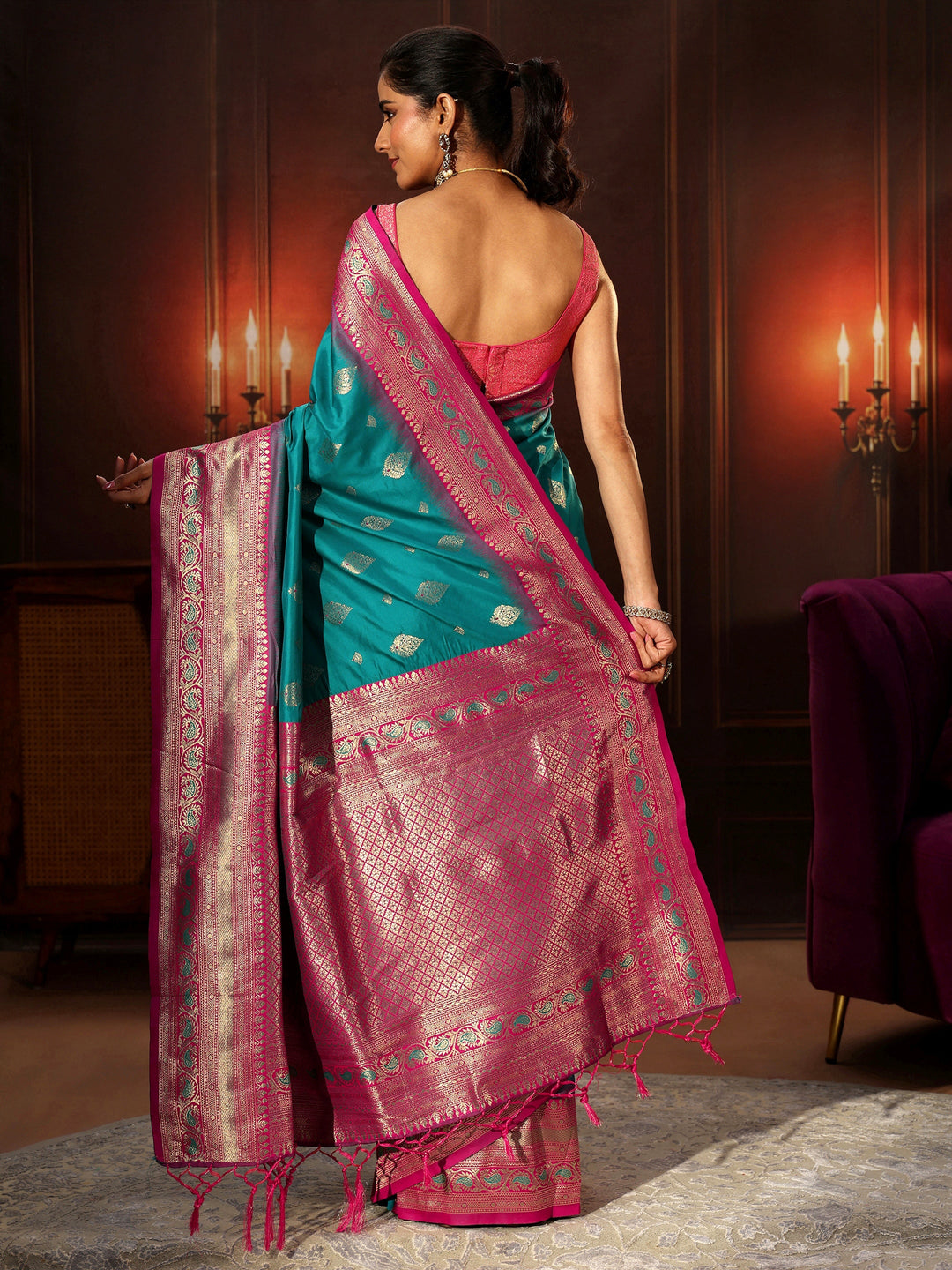  Libas Teal Green Banarasi Silk Blend Saree 