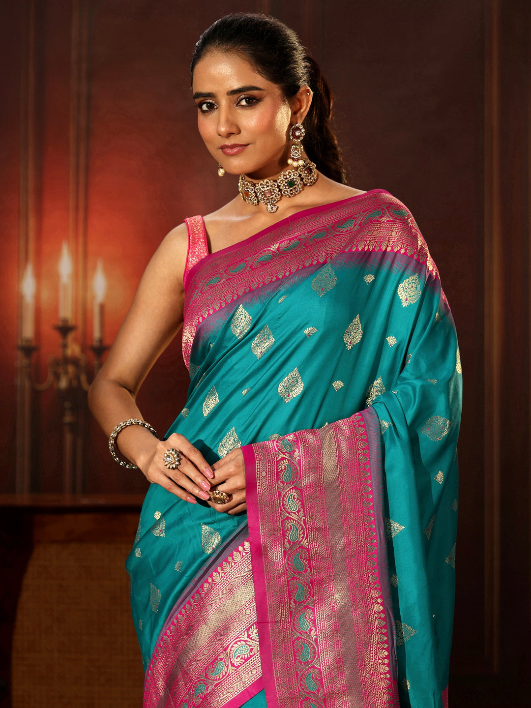  Libas Teal Green Banarasi Silk Blend Saree 