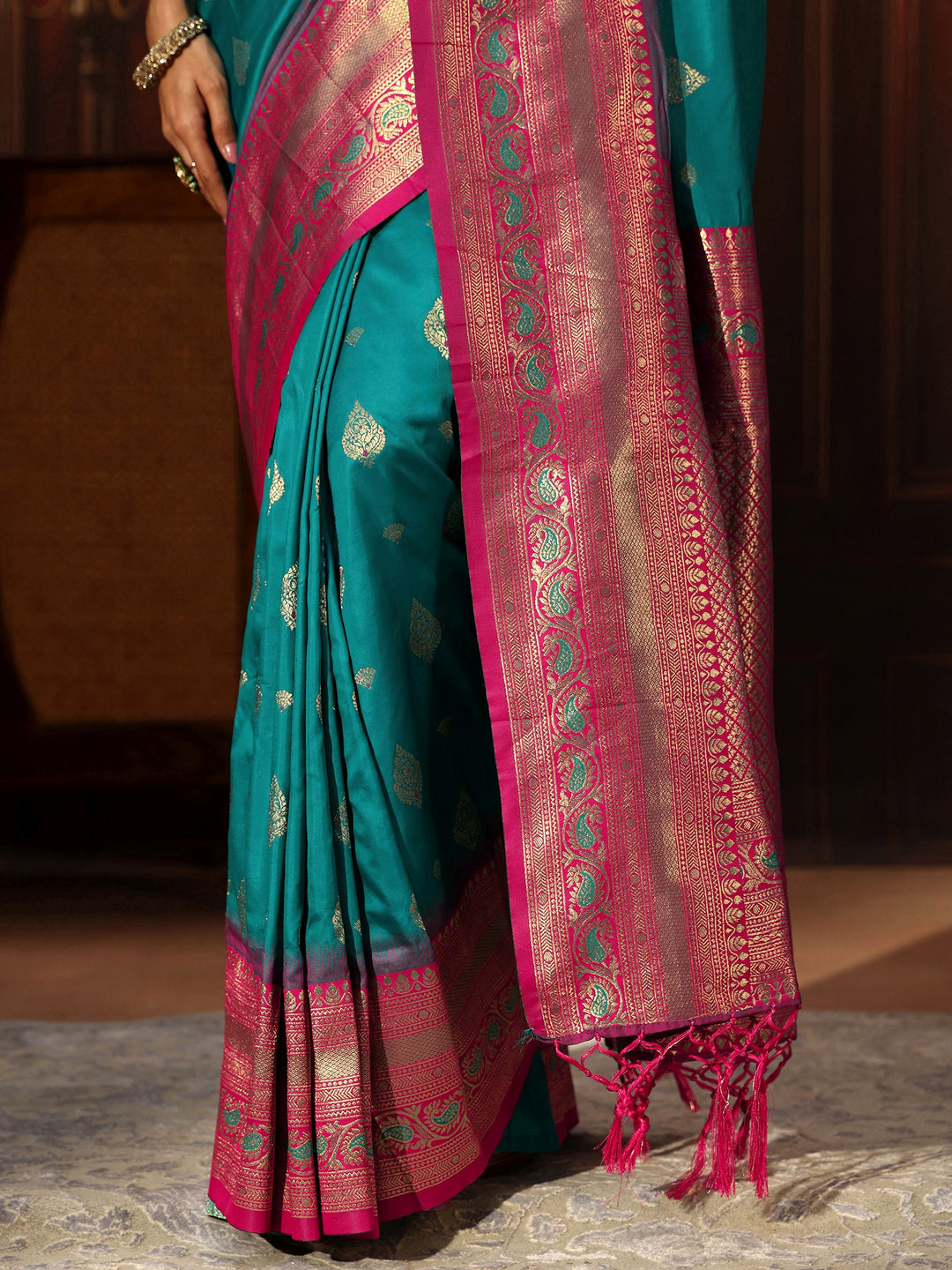  Libas Teal Green Banarasi Silk Blend Saree 
