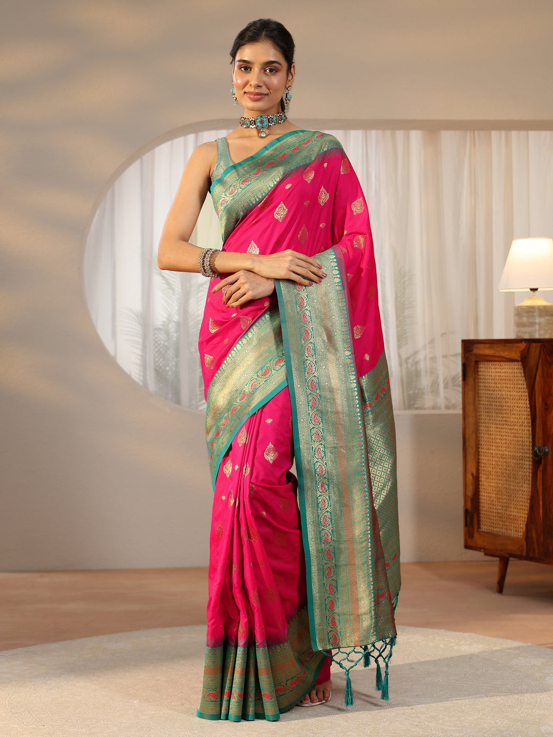  Libas Rani Pink Banarasi Silk Blend Saree 