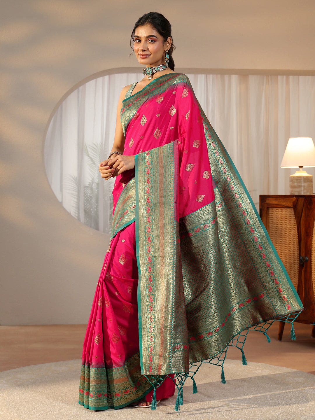  Libas Rani Pink Banarasi Silk Blend Saree 