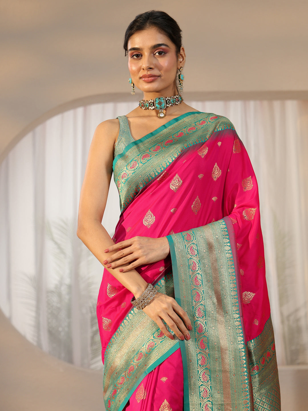  Libas Rani Pink Banarasi Silk Blend Saree 