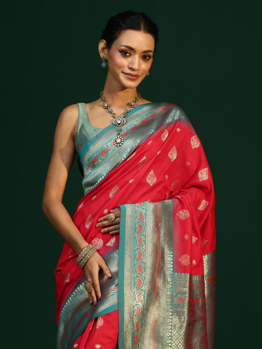  Libas Vermillion Red Banarasi Silk Blend Saree 
