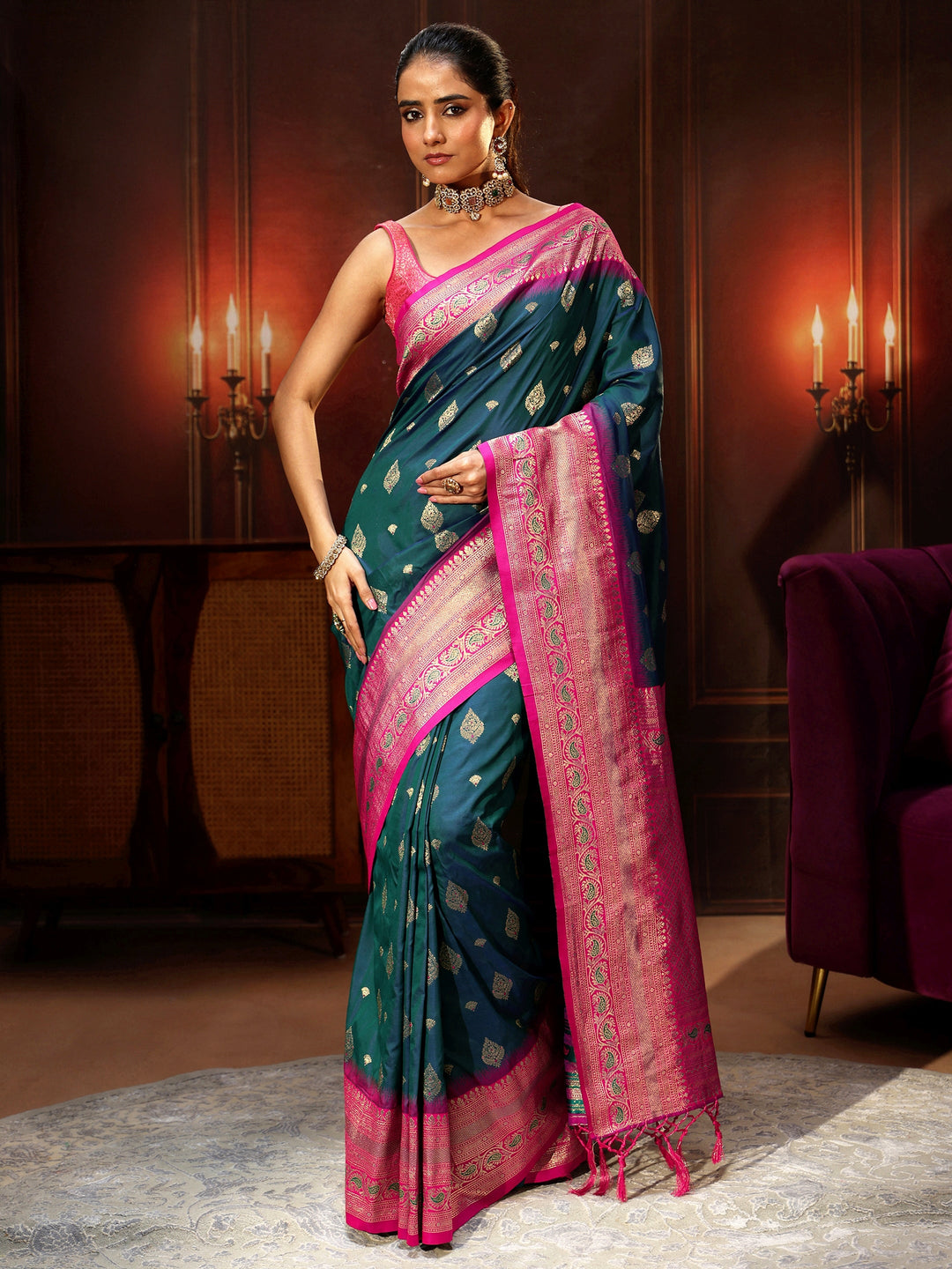  Libas Navy Blue Banarasi Silk Blend Saree 