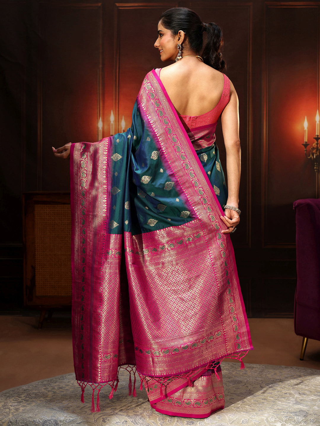  Libas Navy Blue Banarasi Silk Blend Saree 