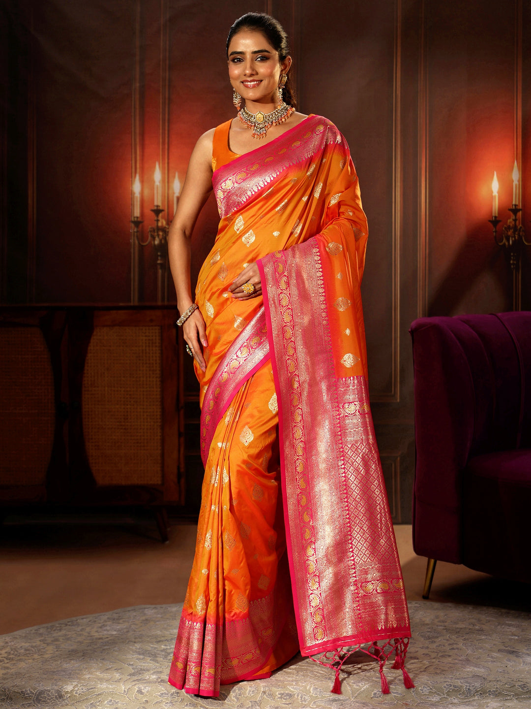  Libas Mustard Banarasi Silk Blend Saree 