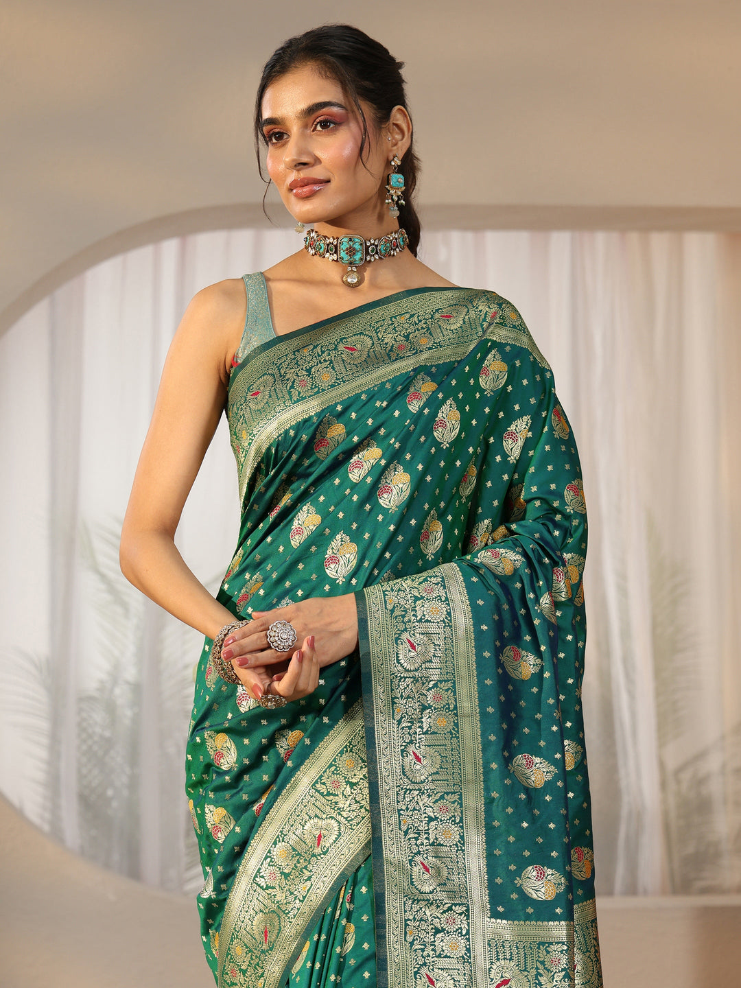  Libas Teal Green Banarasi Silk Blend Saree 