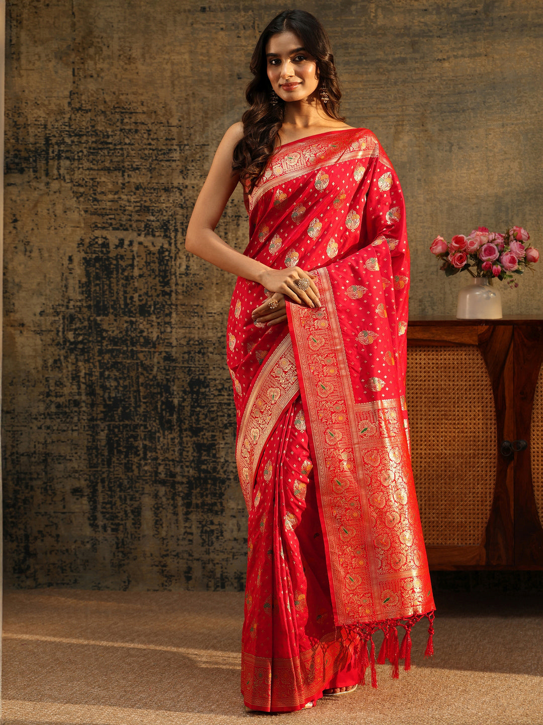  Libas Vermilion Red Banarasi Silk Blend Saree 