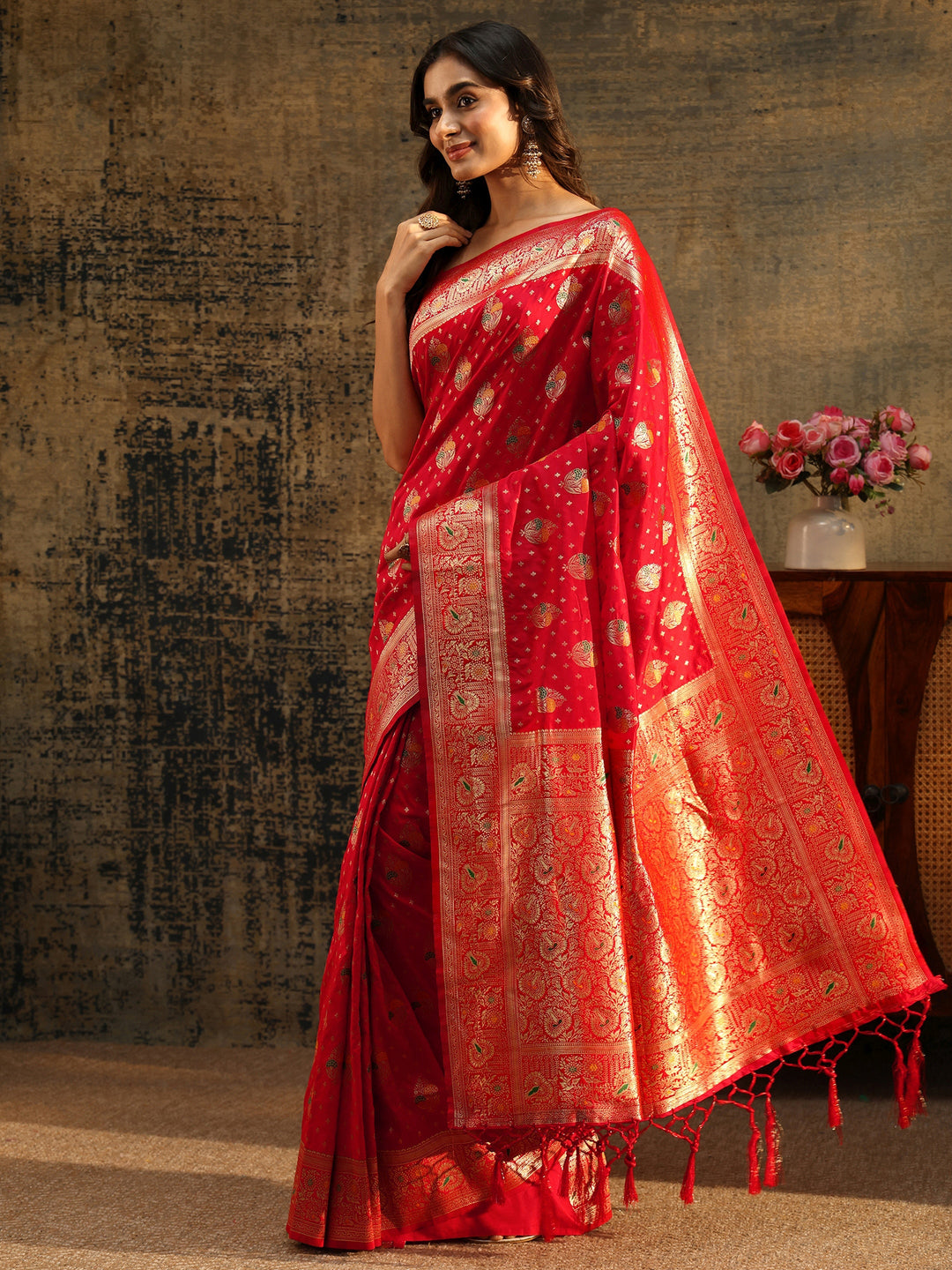  Libas Vermilion Red Banarasi Silk Blend Saree 