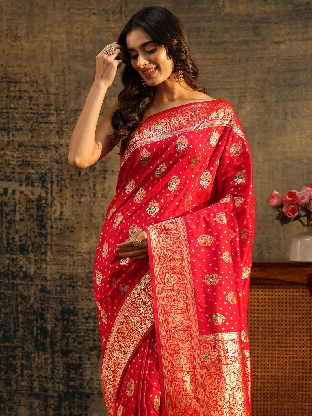  Libas Vermilion Red Banarasi Silk Blend Saree 
