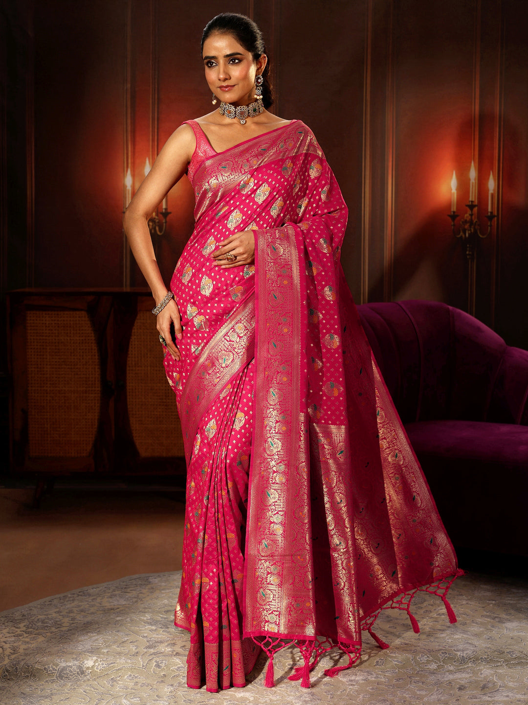  Libas Rani Pink Banarasi Silk Blend Saree 