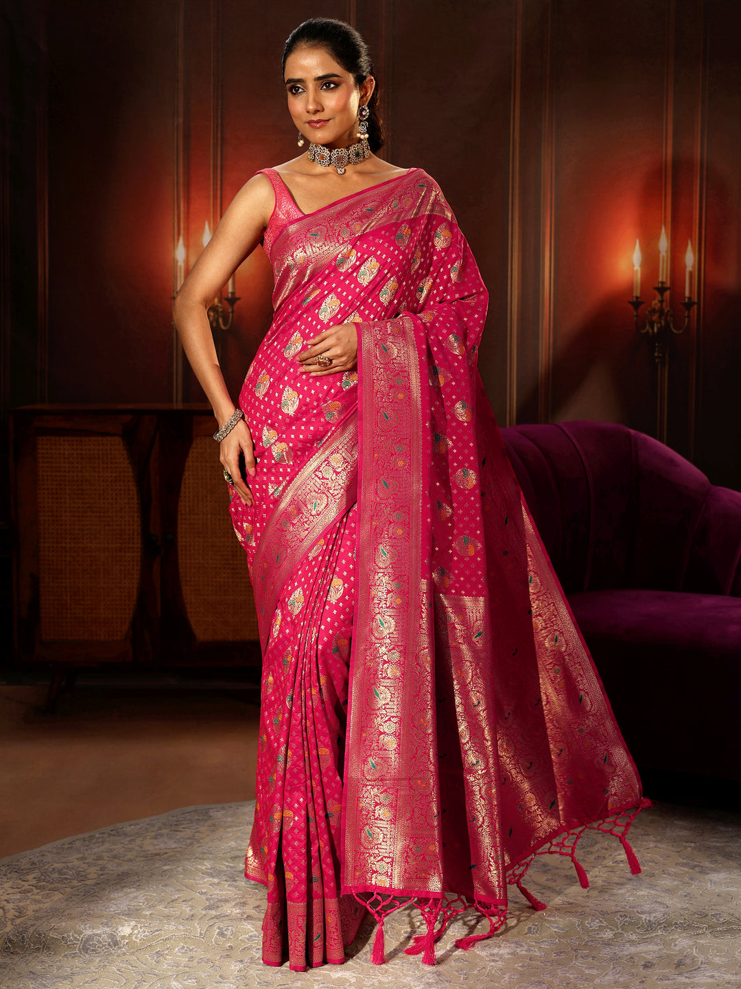  Libas Rani Pink Banarasi Silk Blend Saree 