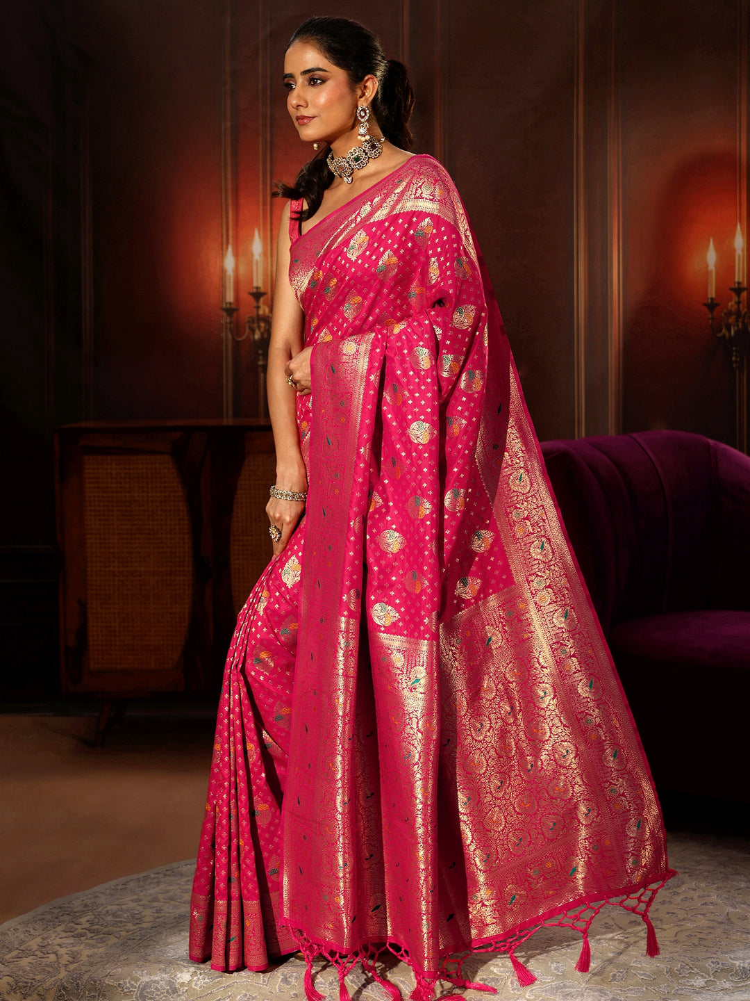  Libas Rani Pink Banarasi Silk Blend Saree 