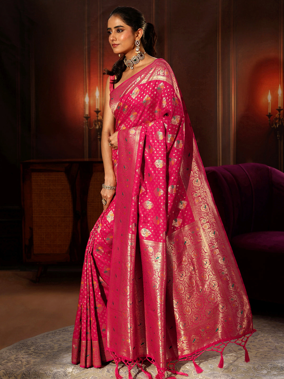  Libas Rani Pink Banarasi Silk Blend Saree 
